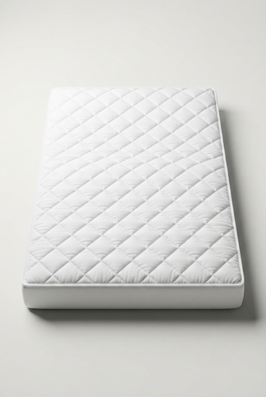 White full-size quilted mattress pad on neutral background