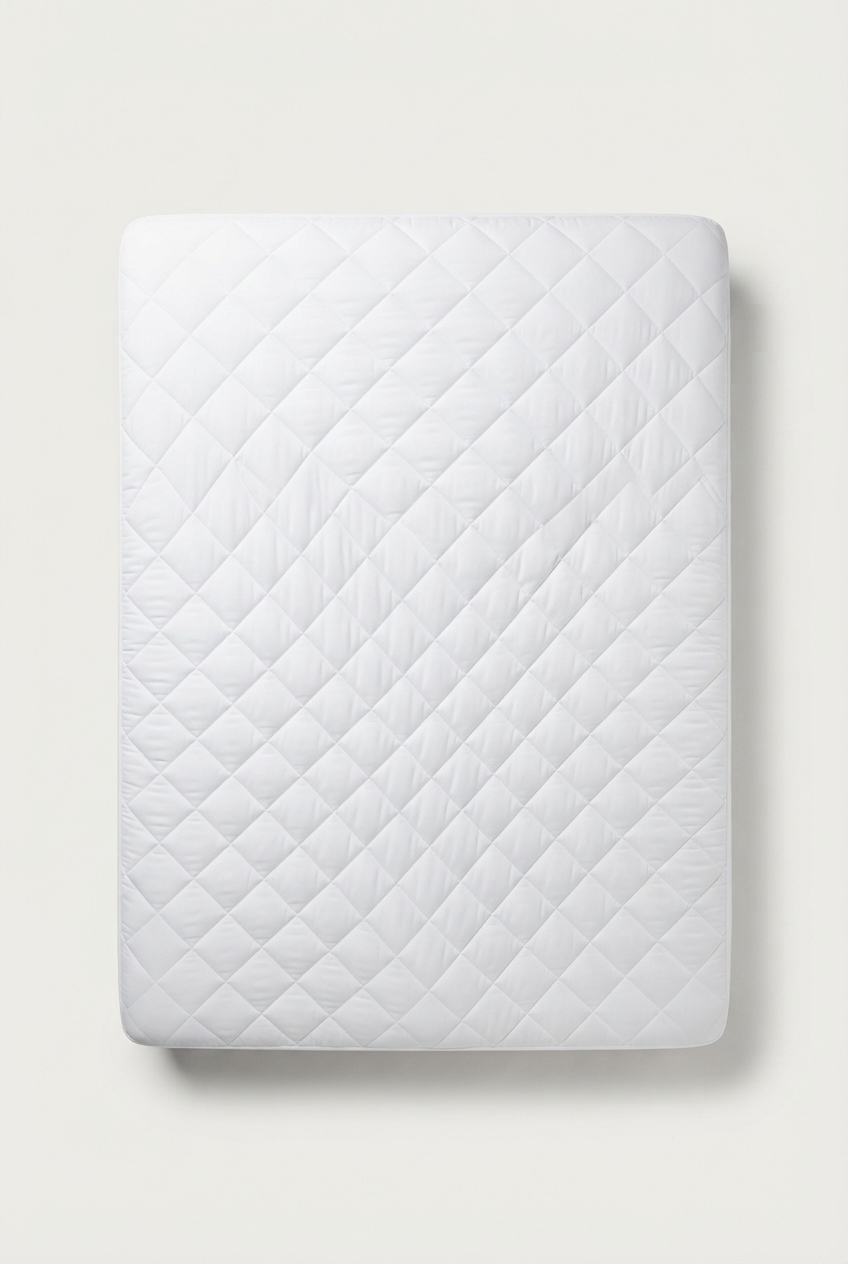 White twin quilted mattress protector on studio set