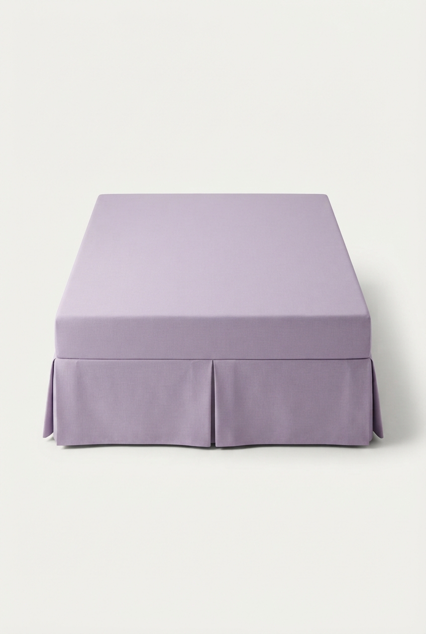 Lavender gathered full-size bed skirt displayed in studio